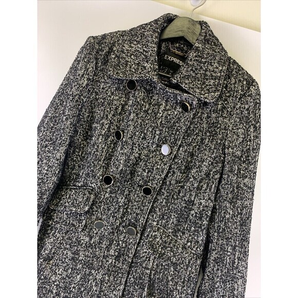 BOGO Express Wool Blend Pea Coat Black White Button Jacket Collared Short Small - Picture 5 of 11